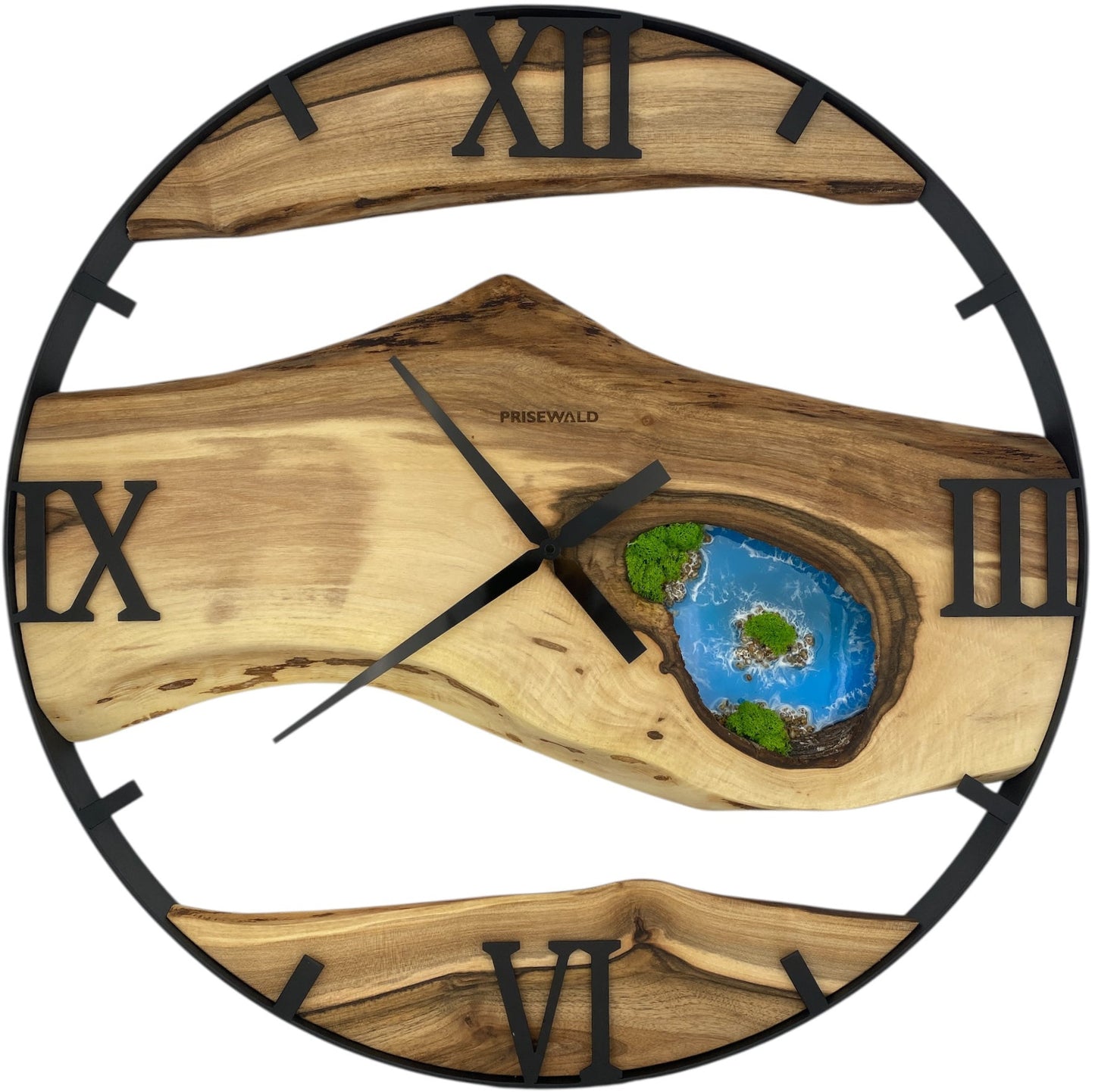 Runde Wanduhr aus Walnussholz, 70 cm, schwarzer Rahmen, römische Ziffern, blaues Epoxidharz, grünes Moos, Steine am Strand, Insel