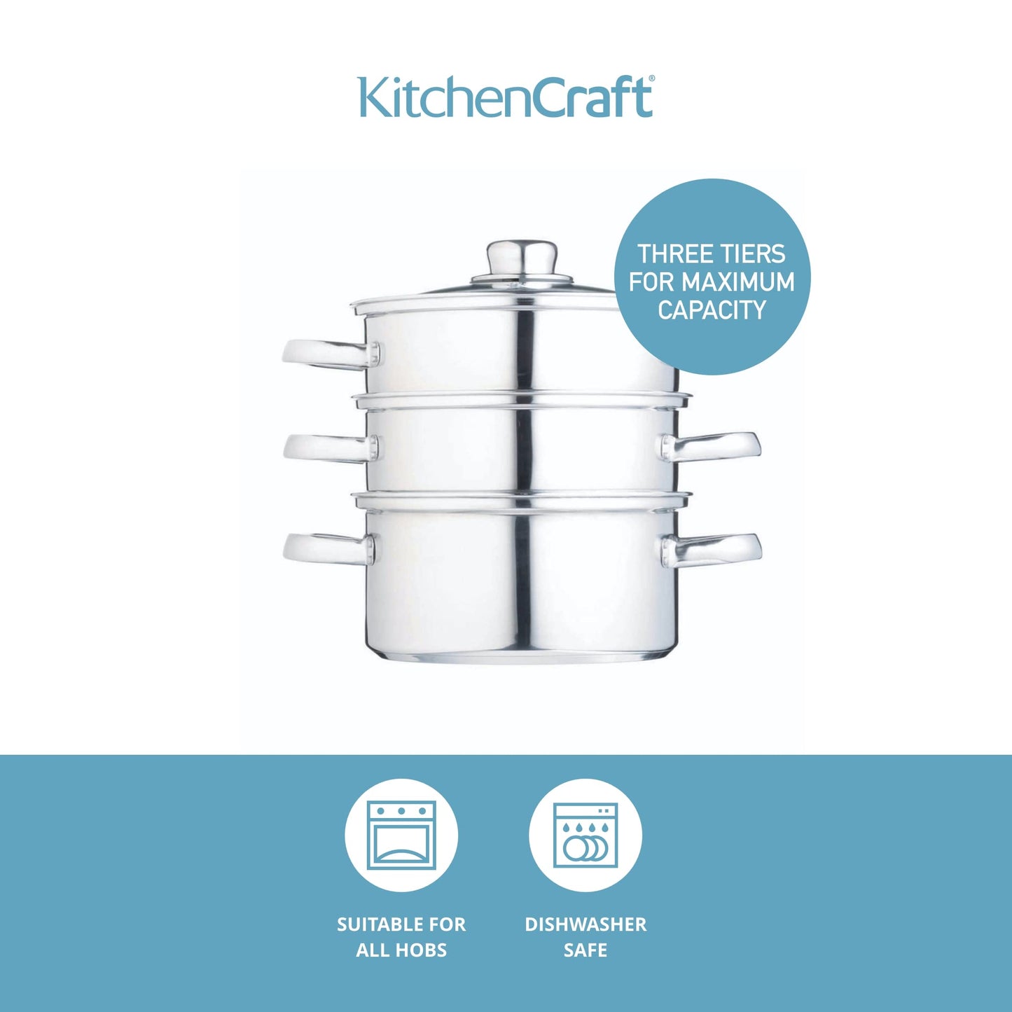 KitchenCraft 3 Kochtopf Set, Dampfgarer/Suppentopf Steamer 3-stufig, Induktionssicher, Edelstahl, in Geschenkbox, 16 cm (6''), Silber