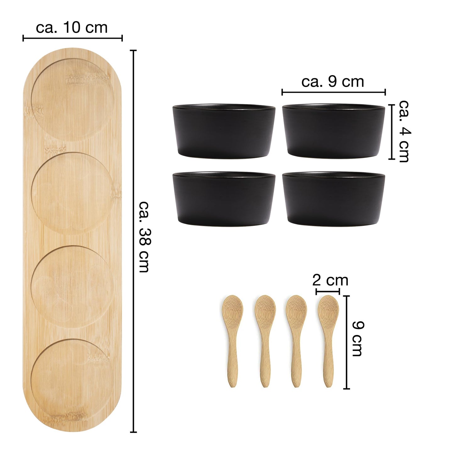 Moritz & Moritz 4x Schwarze Dipschalen Set mit Brett Holz - Dip Schälchen für Snacks - Snack Schalen Set Keramik - Dip Schalen Set - Kleine Schüsseln als Saucenschälchen, Snackschalen, Dessertschalen