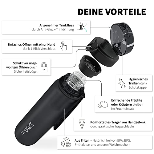 720°DGREE Trinkflasche “uberBottle“ softTouch +Früchtebehälter - 1L - BPA-Frei - Wasserflasche für Uni, Sport, Fitness, Fahrrad, Outdoor - Sportflasche aus Tritan - Leicht, Bruchsicher, Nachhaltig