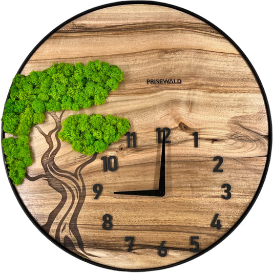 Runde Wanduhr aus Walnussholz, 50 cm, schwarzer Rahmen, arabische Ziffern, Baumgravur mit Moos