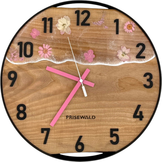 Runde Wanduhr aus Eschenholz, 35 cm, schwarzer Rahmen, arabische Ziffern, Durchsichtiges Epoxidharz, Rosa Blumen 🌸
