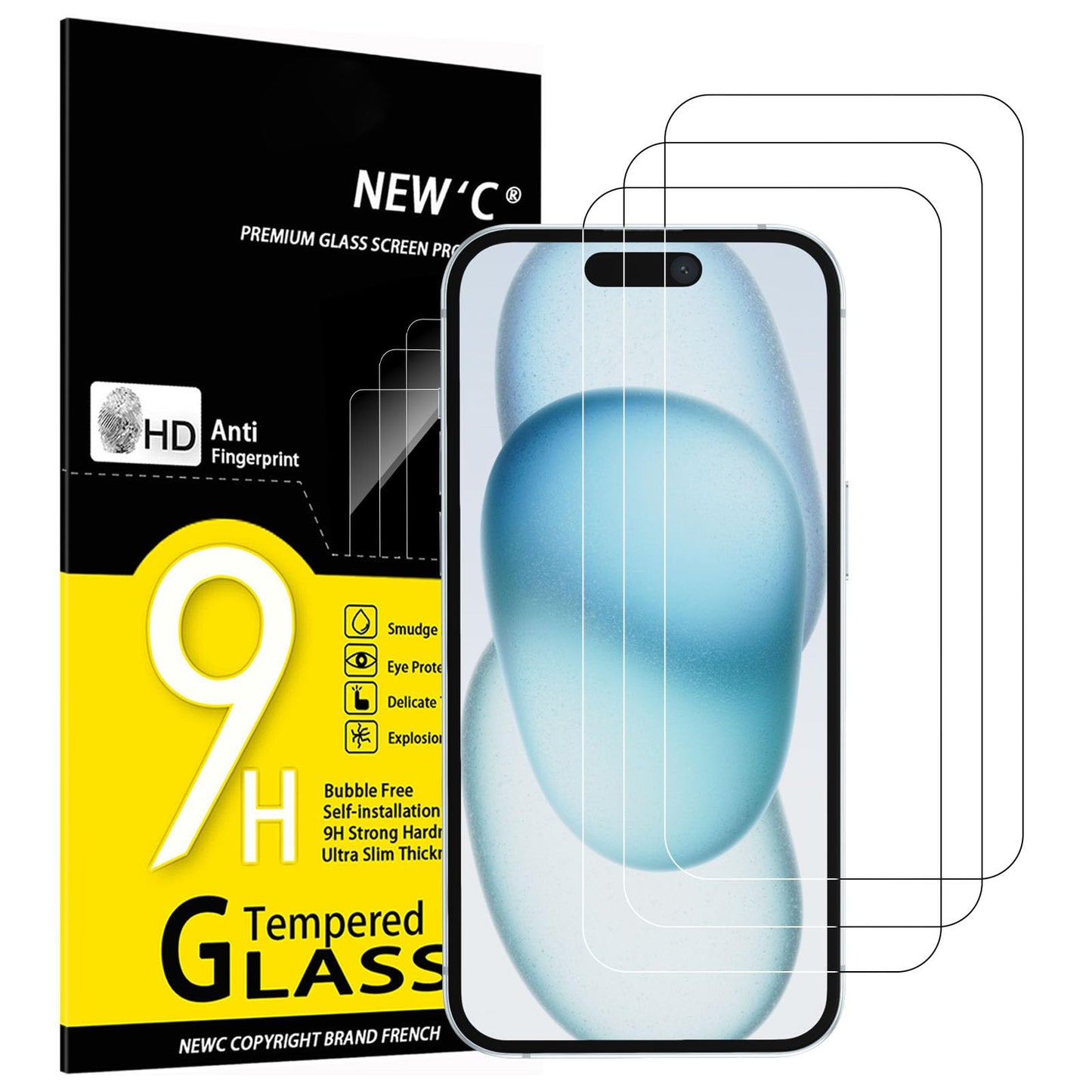 NEW'C 3 Stück, Panzer Schutz Glas für iPhone 16, iPhone 15, iPhone 15 Pro (6,1 Zoll), Frei von Kratzern, 9H Härte, HD Displayschutzfolie, 0.33mm Ultra-klar, Ultrabeständi