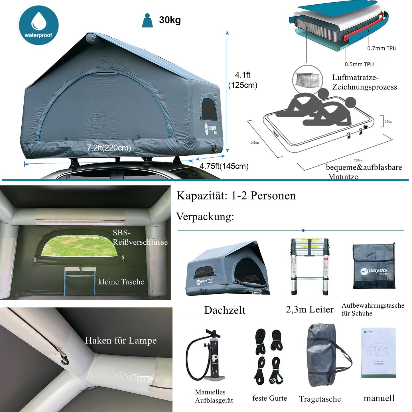 TentHome Dachzelt Aufblasbar Auto 2 Personen Autodachzelt Einfacher Aufbau Outdoor-Glamping-Camping Zelt für SUV, LKW und Universal-Autozelt Grau