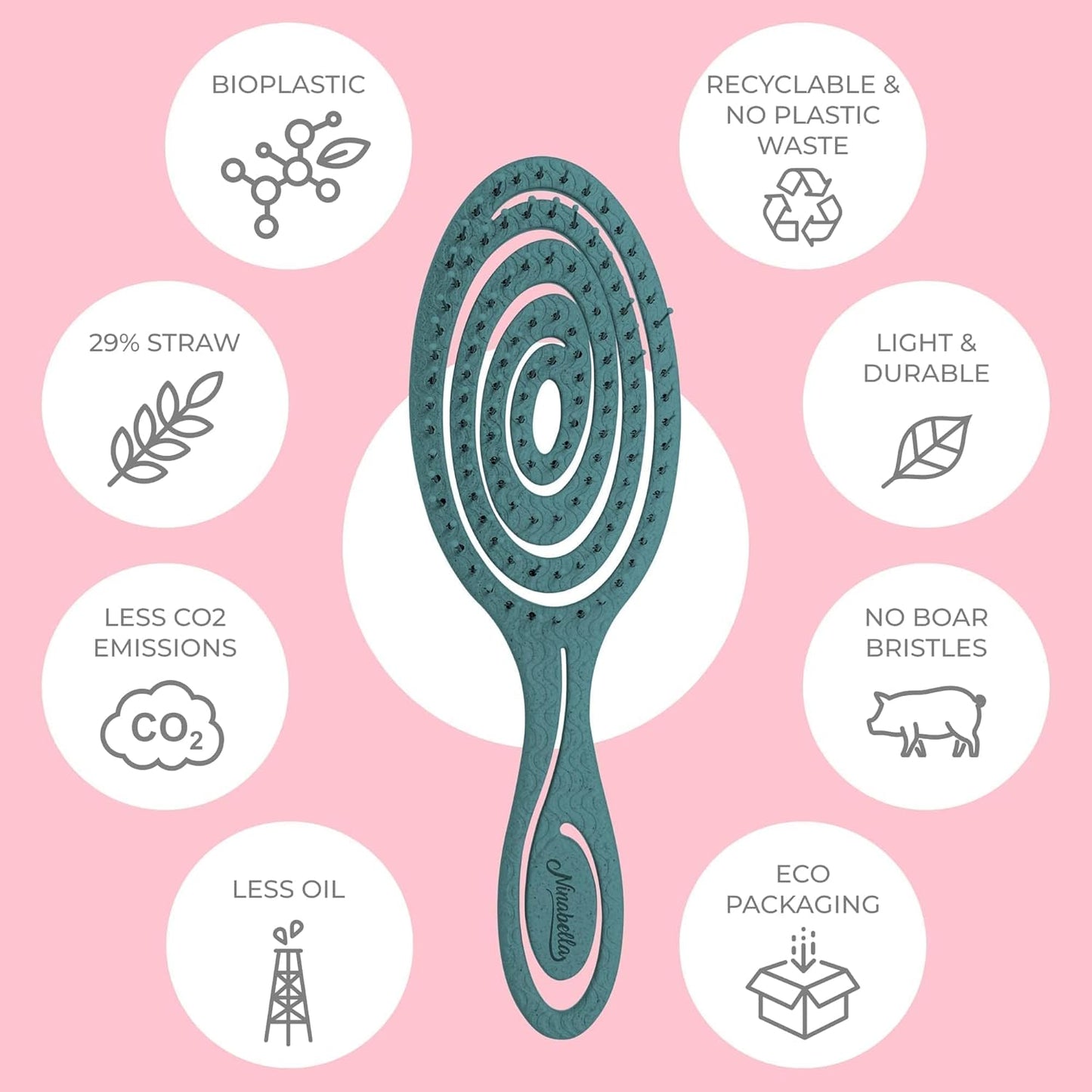 Ninabella Spiral Hairbrush - Detangle Hair Brush - For Brushing Wet or Blow Dry Hair - Detangler Vent Brush - Gray