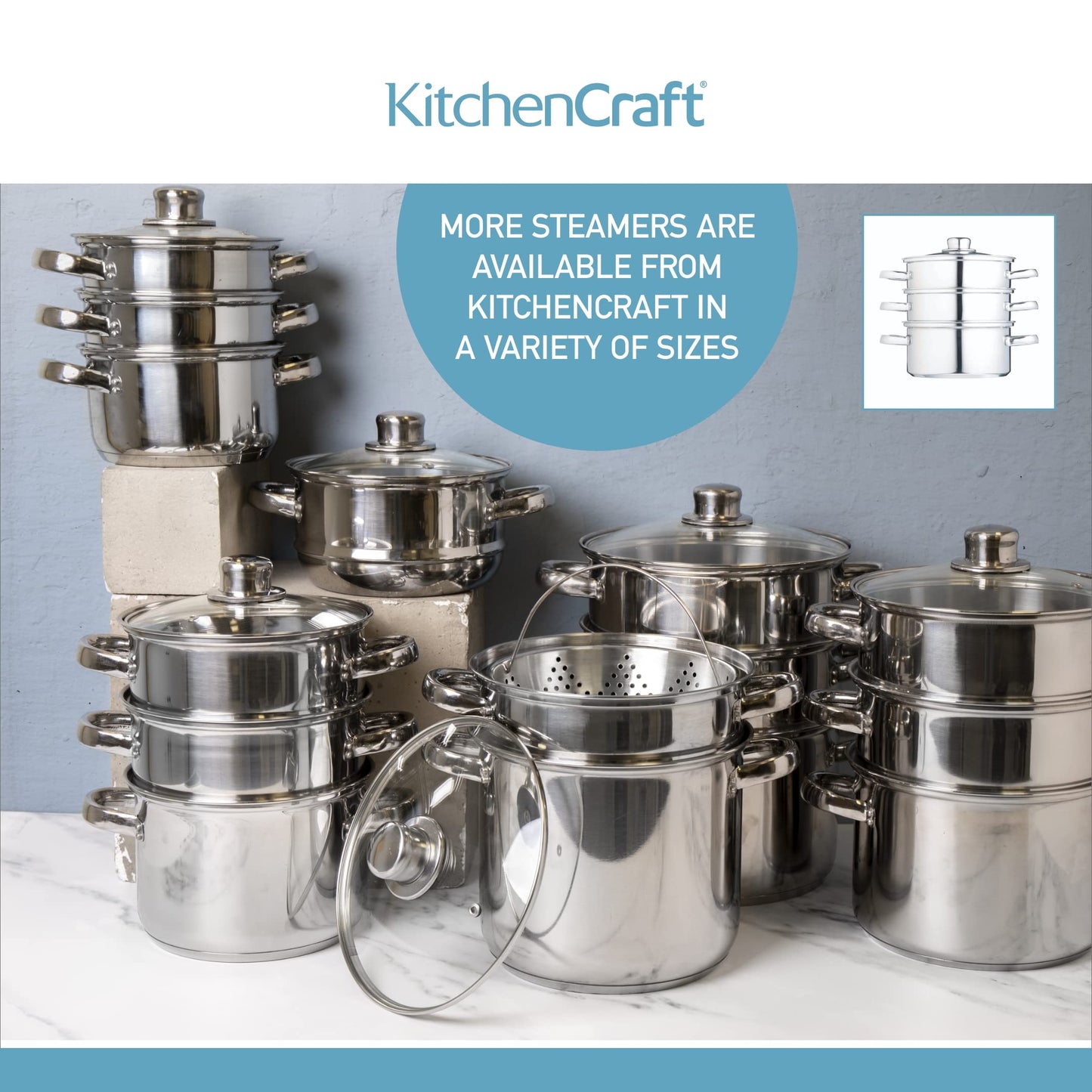 KitchenCraft 3 Kochtopf Set, Dampfgarer/Suppentopf Steamer 3-stufig, Induktionssicher, Edelstahl, in Geschenkbox, 16 cm (6''), Silber