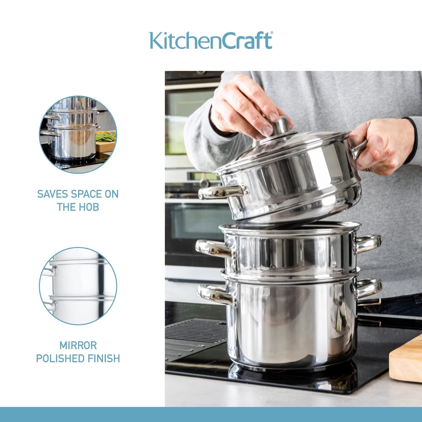 KitchenCraft 3 Kochtopf Set, Dampfgarer/Suppentopf Steamer 3-stufig, Induktionssicher, Edelstahl, in Geschenkbox, 16 cm (6''), Silber