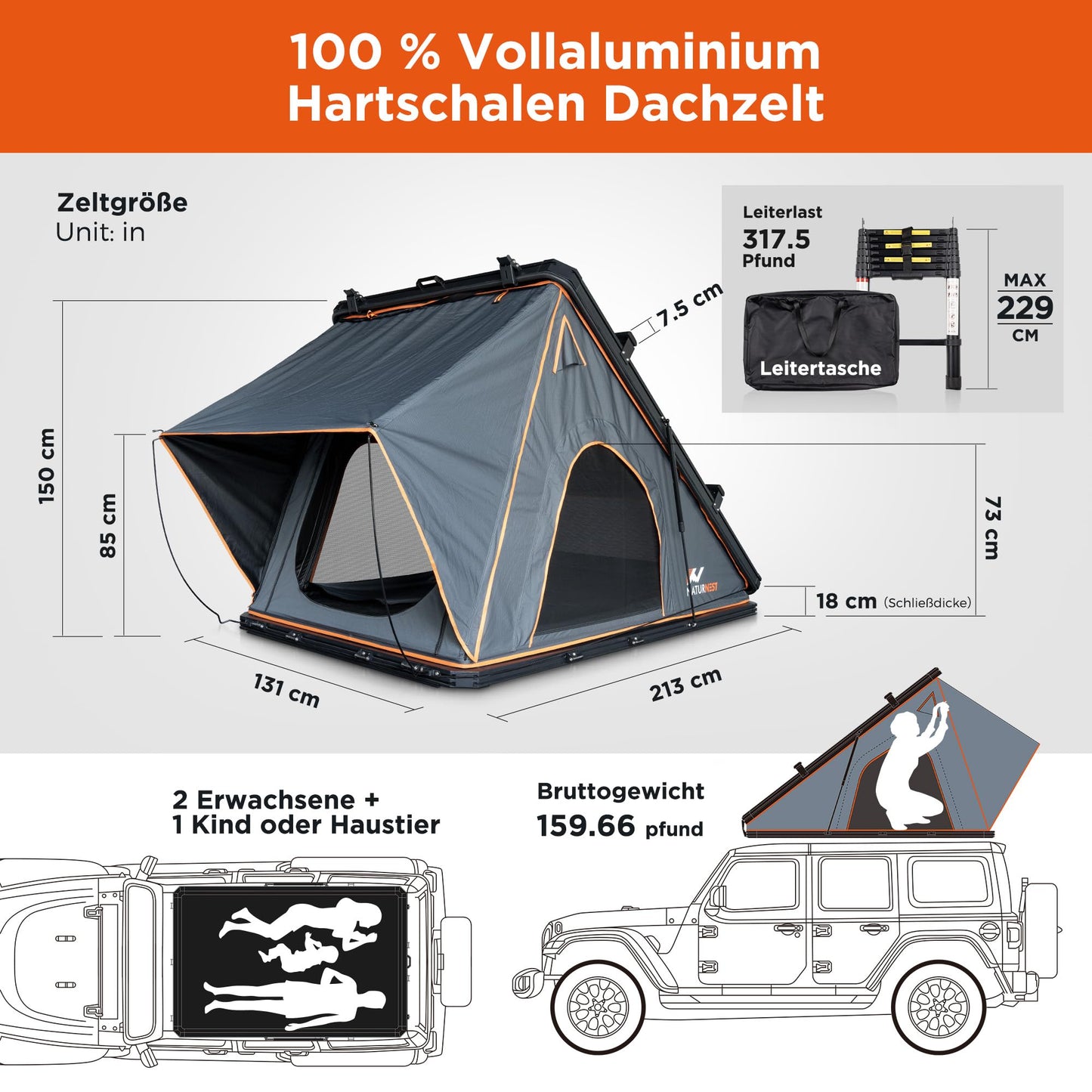 Naturnest Dachzelt Hartschale, Komfortables Dachzelt Hartschalen-Dachzelt Campingzubehör für Van, Jeep, SUV, LKW, Dachzelt für Camping, Autodachzelt Hartschalen-Dachzelt Camping, 2-3 Personen Zelt