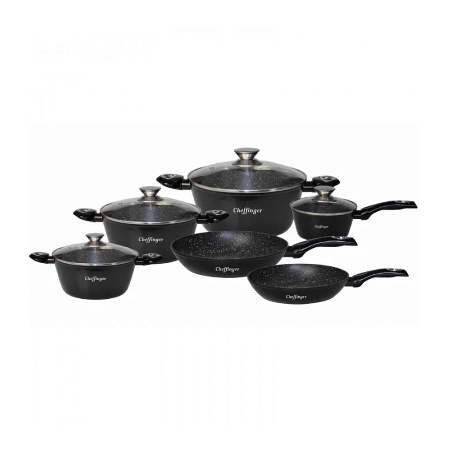 Produktbeschreibung
Das 10-teilige Kochgeschirr-Set von Cheffinger mit Marmorbeschichtung ist eine stilvolle und funktionale Kollektion von Töpfen und Pfannen, die Ihr Kocherlebnis auf ein neues Niveau heben wird. Das Set umfasst Töpfe und Pfannen in verschiedenen Größen und Ausführungen, darunter ein kleiner, ein mittlerer und ein großer Schmortopf, eine kleine Stielkasserolle, eine mittlere Bratpfanne und eine große Sauteuse.

Alle Teile des Sets sind mit wunderschönem, robustem Marmor überzogen und verle