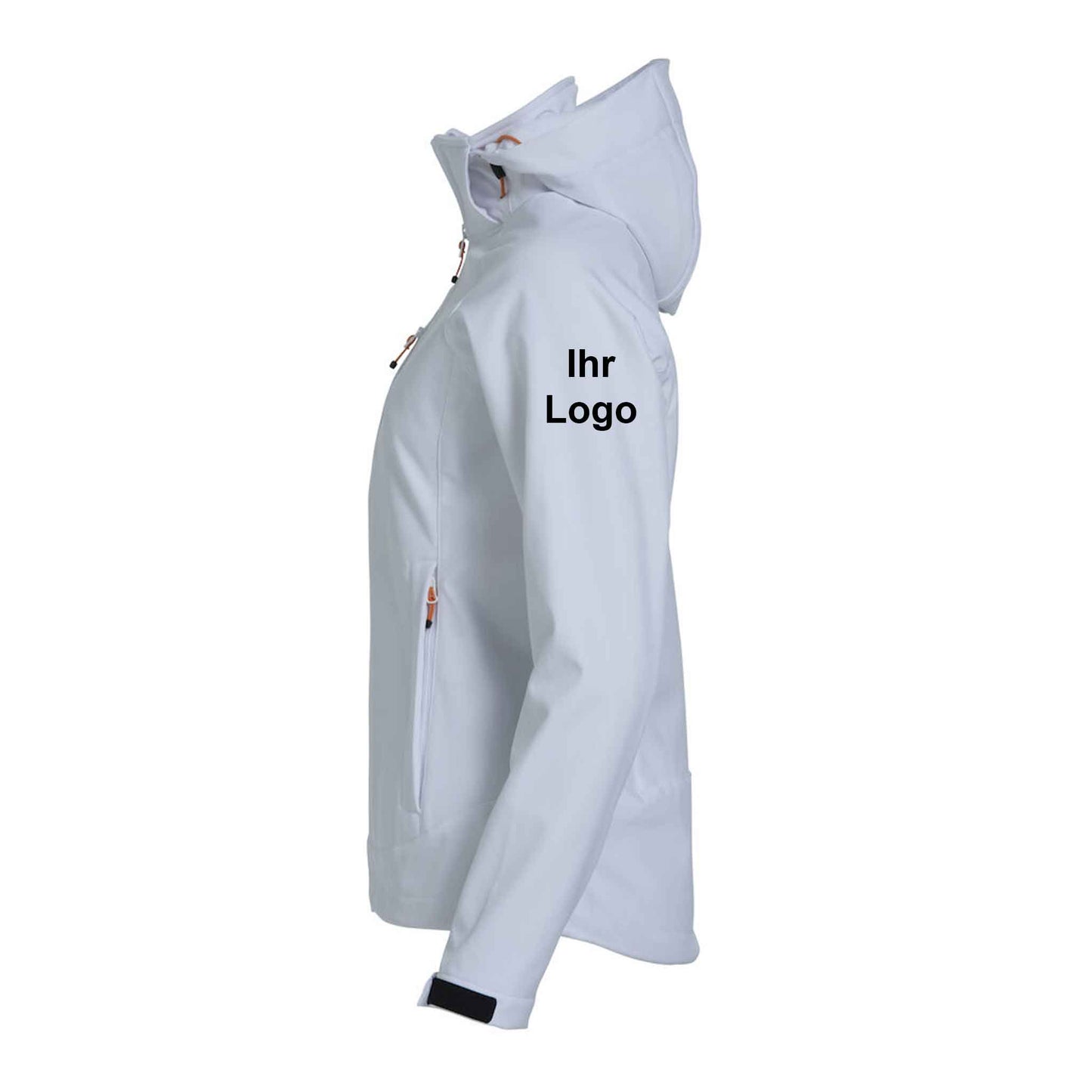 Clique Damen Softshell Jacke mehrlagig mit Kapuze 'Milford' Ansicht links mit Logo