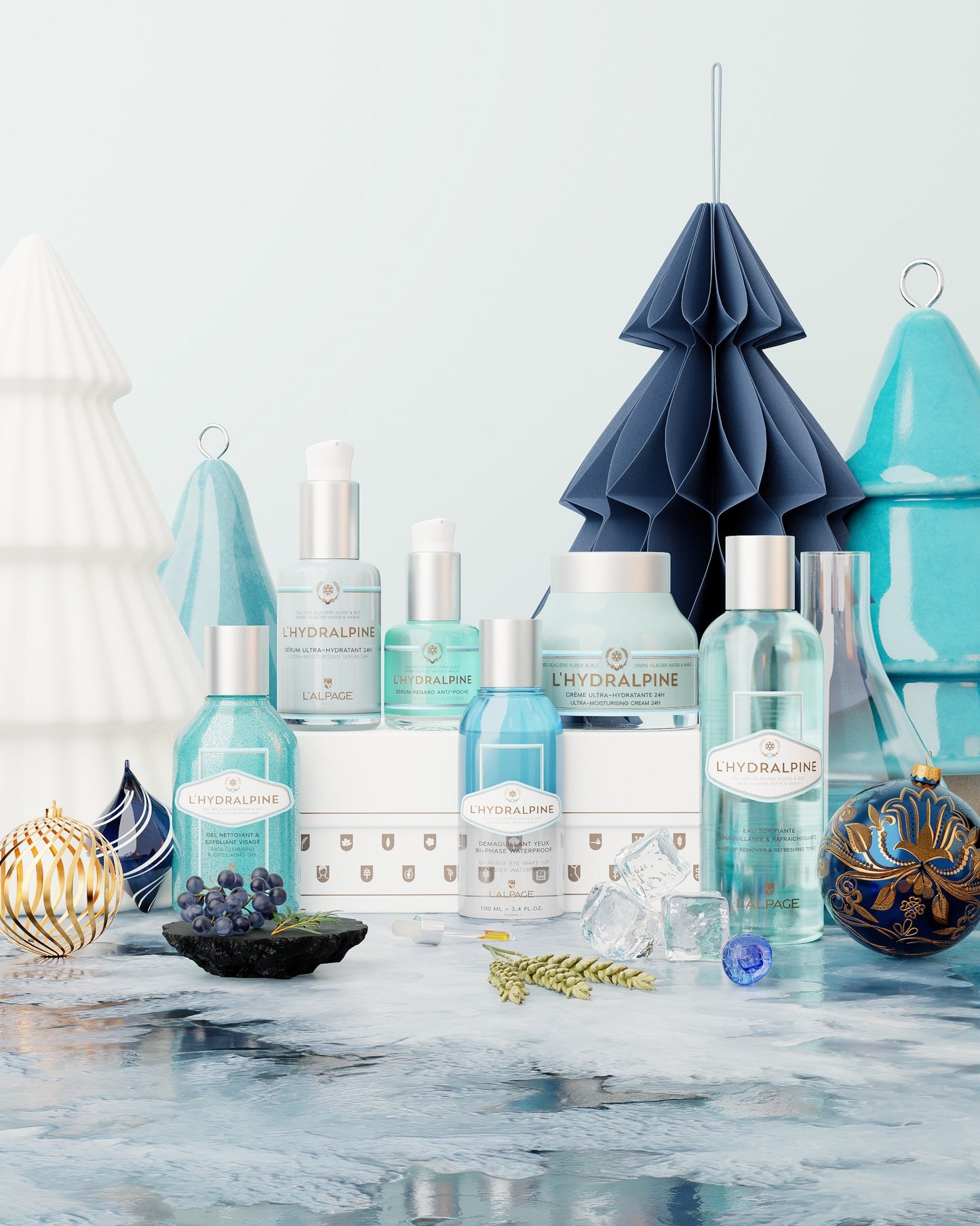 Set ou Coffret Cadeau Ultimate Crème Hydratante 24h + Sérum Visage Hydratant 24h + Serum Anti-Poche + Démaquillant Bi-Phase + Eau Tonifiante + Gel Nettoyant Exfoliant L'HYDRALPINE