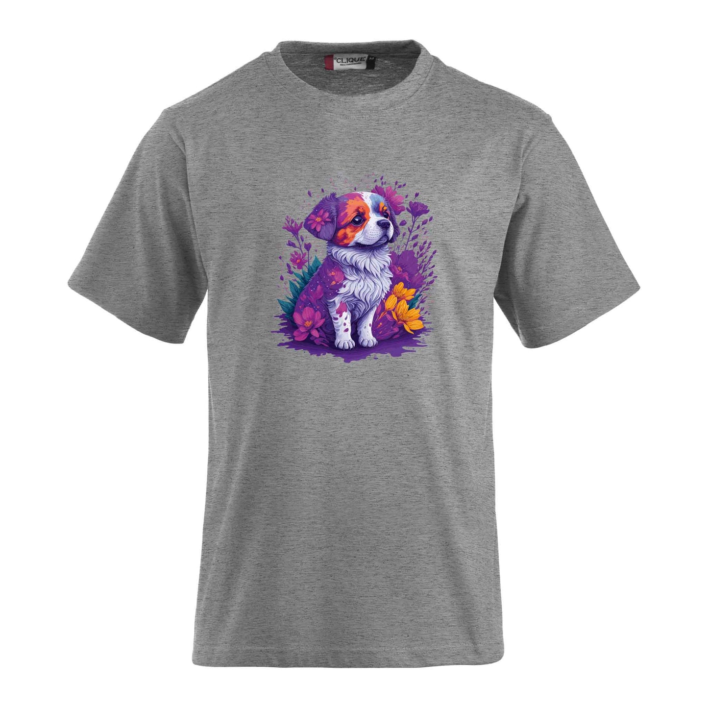 T-Shirt inklusive bedrucktem Motiv eines süssen Hundes in Blumen. Ein individueller Wunschtext kann hinzugefügt werden.