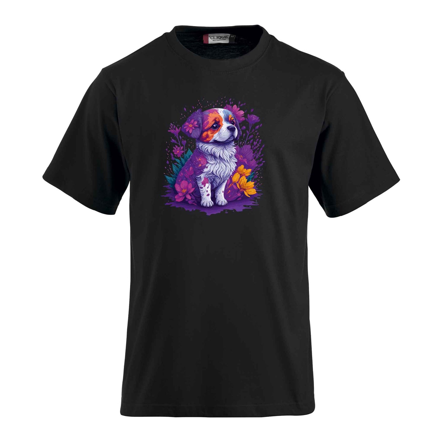 T-Shirt inklusive bedrucktem Motiv eines süssen Hundes in Blumen. Ein individueller Wunschtext kann hinzugefügt werden.