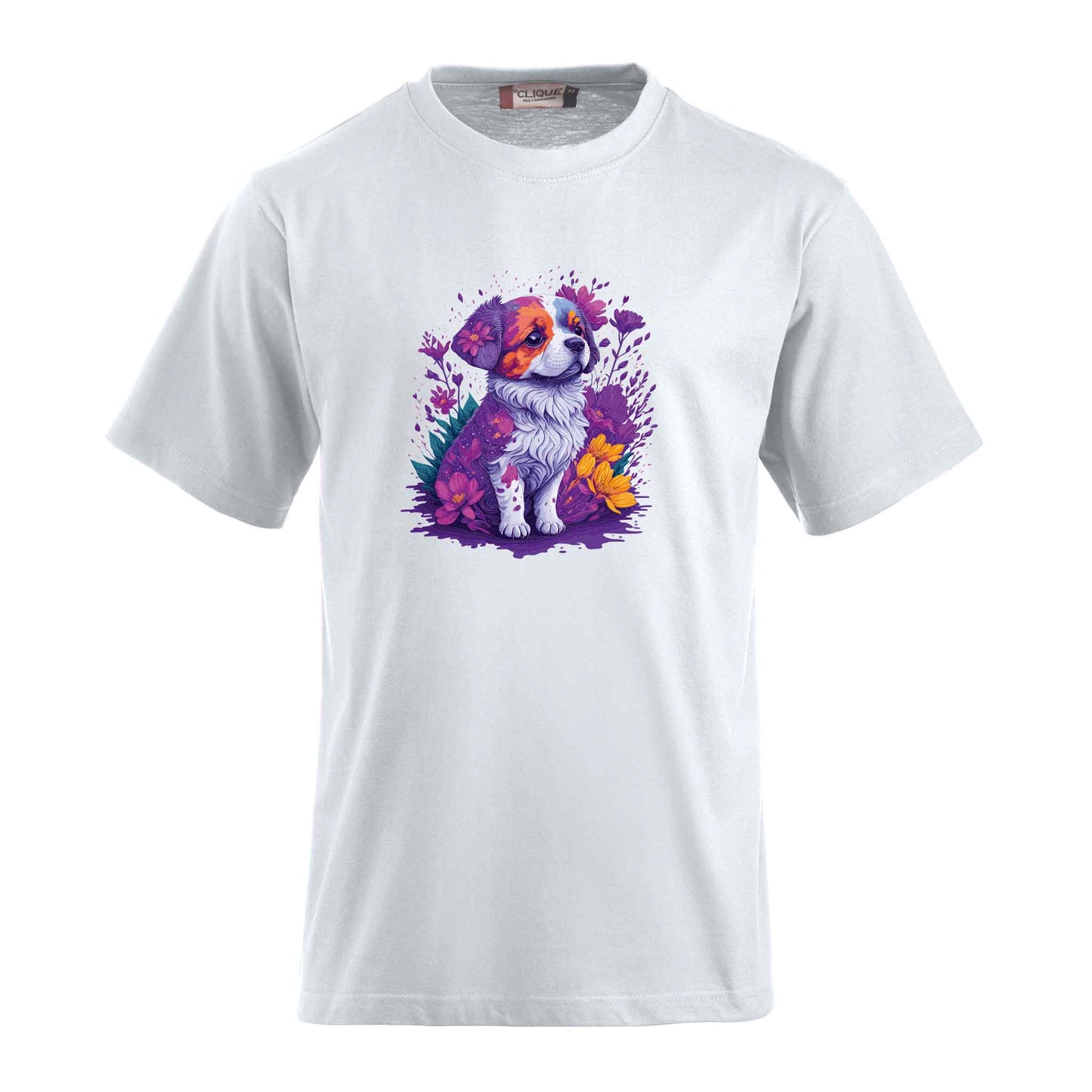 T-Shirt inklusive bedrucktem Motiv eines süssen Hundes in Blumen. Ein individueller Wunschtext kann hinzugefügt werden.