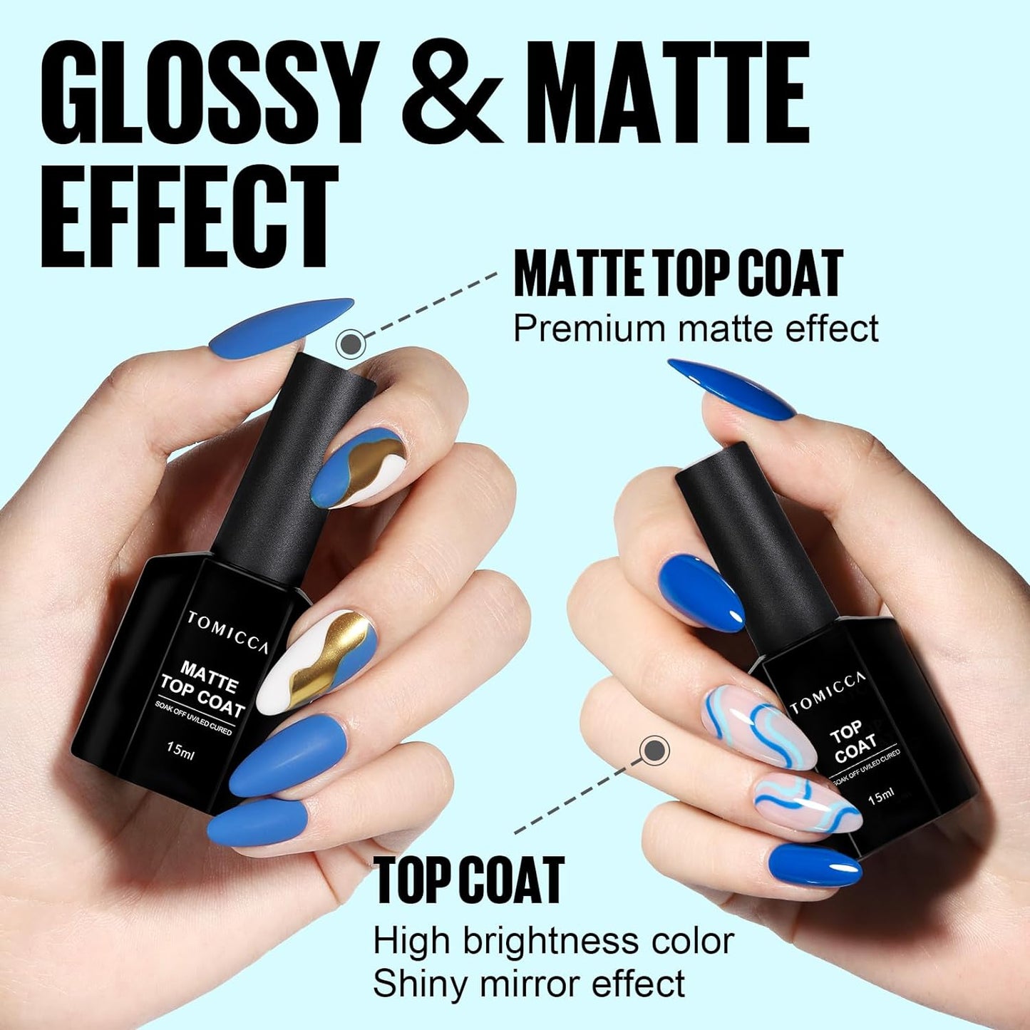 TOMICCA Base und Top Coat Gel UV Nagellack Set, 3 x 15ml Base Coat Top Coat Gel UV, Enthält Matte Top Coat, No Wipe, für alle UV Gel Nagellacke