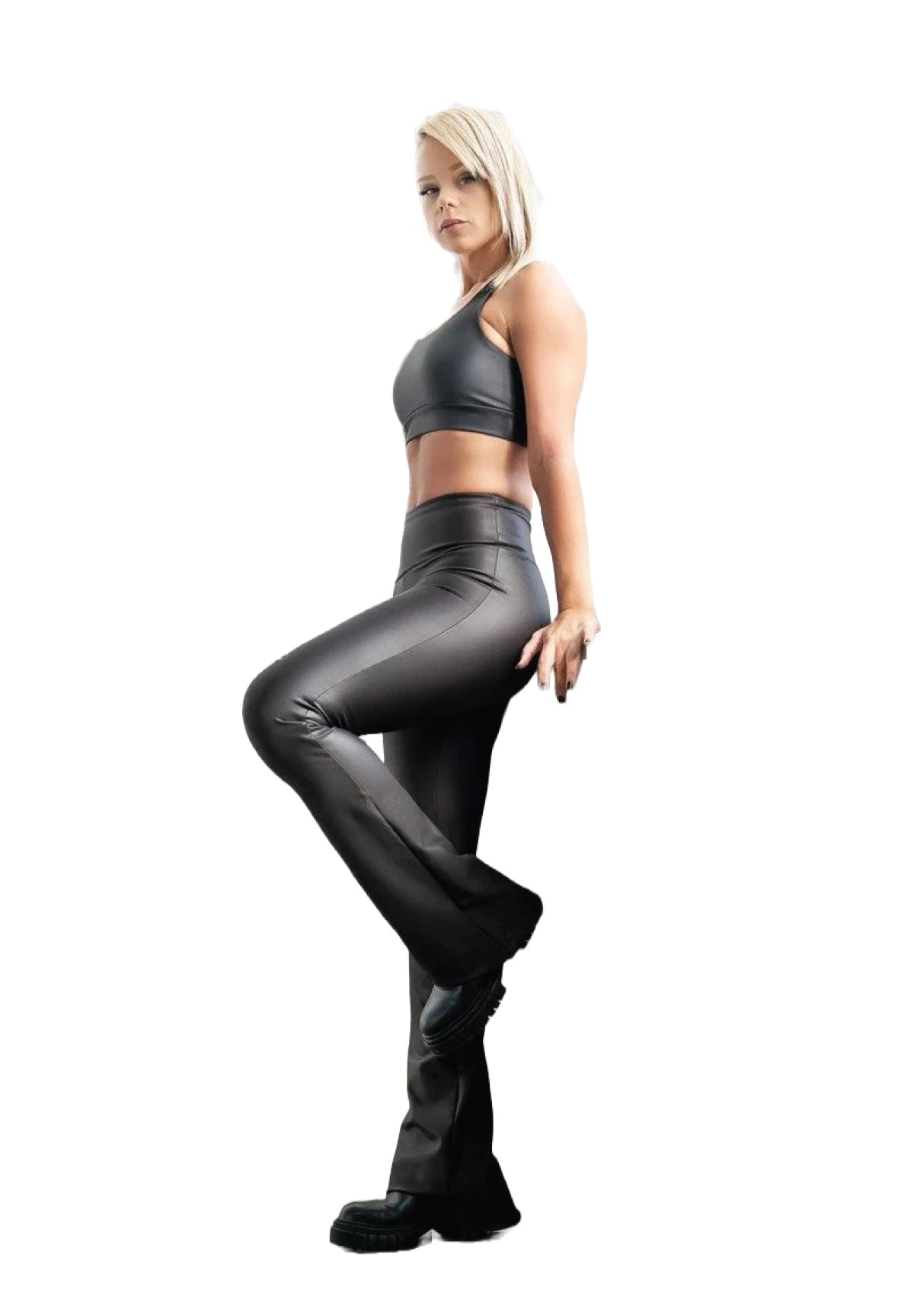 1169 Extra High Waist Schlagleggings in Schwarz mit Leather Look