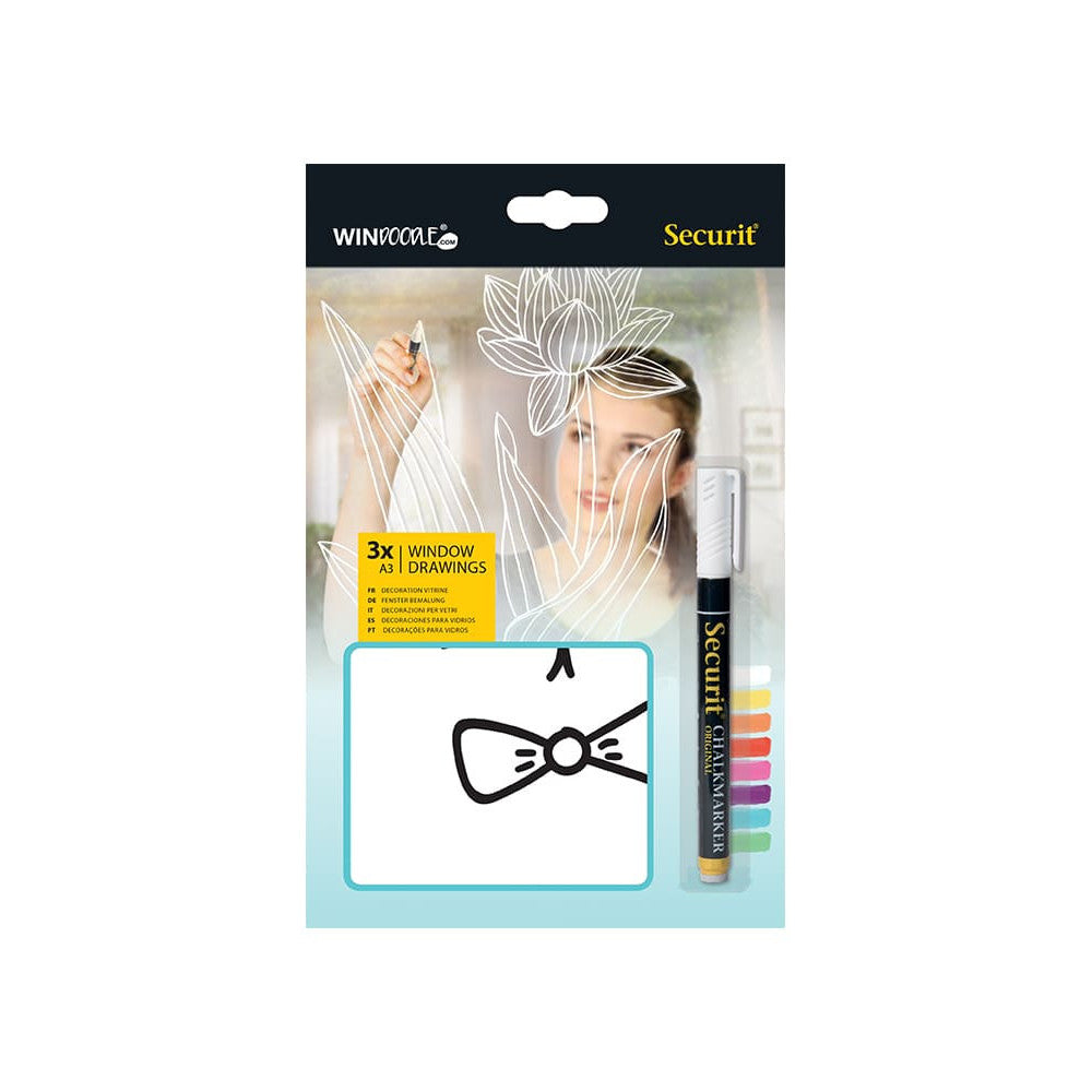 Securit® Fensterschablonen "Windoodle", Format: A3, Thema: Haustiere, inkl. 1 Securit® Kreidestift, 3er Set