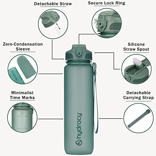 Hydracy Trinkflasche mit Strohhalm und Zeitmarkierung - 1Liter BPA-Frei Auslaufsicher Sportflasche - Kondenswasserfrei Wasserflasche - Ideal für Sport und Outdooraktivität - Mondlichtgrün