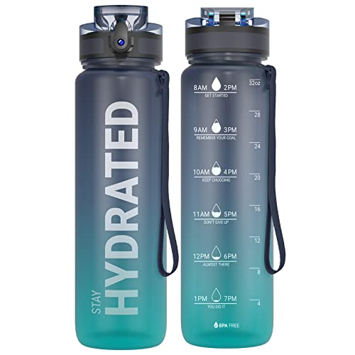 Trinkflasche, 1L BPA-Frei Tritan Wasserflasche mit Strohhalm, Trinkflasche Sport Auslaufsicher mit Zeitmarkierung und Bürste, Sportflasche für Fitness, Schule, Yoga, Outdoor(1 Flasche)