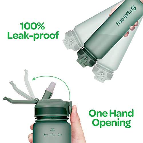 Hydracy Trinkflasche mit Strohhalm und Zeitmarkierung - 1Liter BPA-Frei Auslaufsicher Sportflasche - Kondenswasserfrei Wasserflasche - Ideal für Sport und Outdooraktivität - Mondlichtgrün