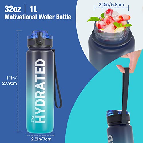 Trinkflasche, 1L BPA-Frei Tritan Wasserflasche mit Strohhalm, Trinkflasche Sport Auslaufsicher mit Zeitmarkierung und Bürste, Sportflasche für Fitness, Schule, Yoga, Outdoor(1 Flasche)