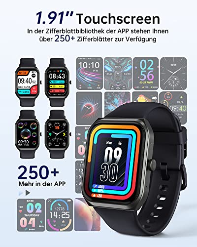 TUYOMA Smartwatch Herren Damen, 1,91 Zoll Touchscreen Fitnessuhr mit Telefonfunktion, IP68 Wasserdicht Sportuhr mit Herzfrequenz, SpO2, Schlafmonitor, Spiele, Smart Watch für iOS und Android