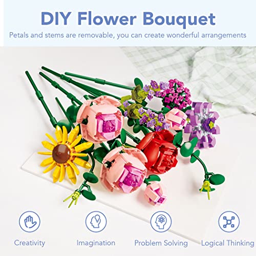 Etarnfly Blumen Bausteine Set, 530 PCS Künstliche Blumenstrauß Kunstpflanzen DIY Bauspielzeugsets Bouquet Baustein für Hausdeko, Geschenke für Mutter Frauen Freundin Kinder 6+, Botanical Collection
