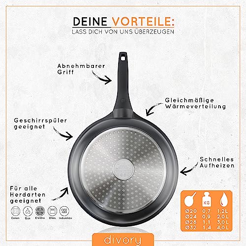 DIVORY Pfannenset 3-teilig Pfanne 20cm, 24cm, 28cm mit abnehmbaren Griff, Induktion, Antihaft-Beschichtete Bratpfanne hoch + Pfannenschoner - Induktionspfanne
