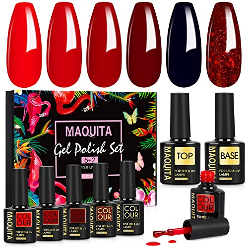 MAQUITA Gel Nagellack Set,Shellac Gellack Kit, Mehrfarbig Ablösbarer Nagelgel Farbgel Gel Nagel,Nagellack 8 Stk 8ml, Soak Off LED Gellack für Nail Art Karneval, Frauentag, Geburtstag - Rot Set