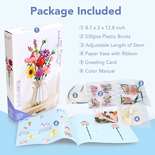 Etarnfly Blumen Bausteine Set, 530 PCS Künstliche Blumenstrauß Kunstpflanzen DIY Bauspielzeugsets Bouquet Baustein für Hausdeko, Geschenke für Mutter Frauen Freundin Kinder 6+, Botanical Collection