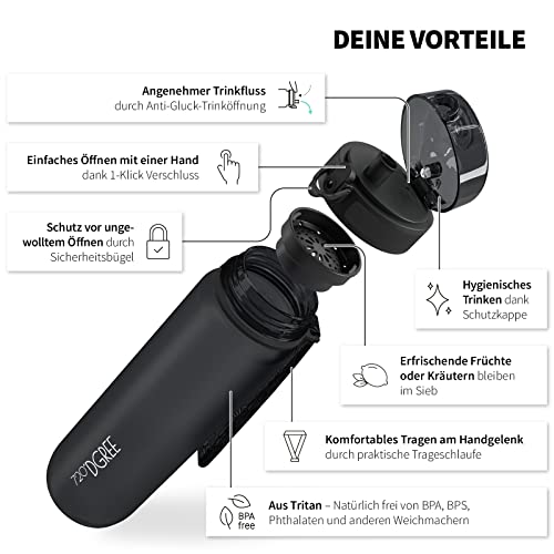 720°DGREE Trinkflasche 1l Sport “uberBottle“ softTouch +Sieb - BPA-Frei - Wasserflasche für Uni, Arbeit, Fitness, Fahrrad, Outdoor, Job - Sportflasche aus Tritan - Leicht, Stoßfest, Wiederverwendbar