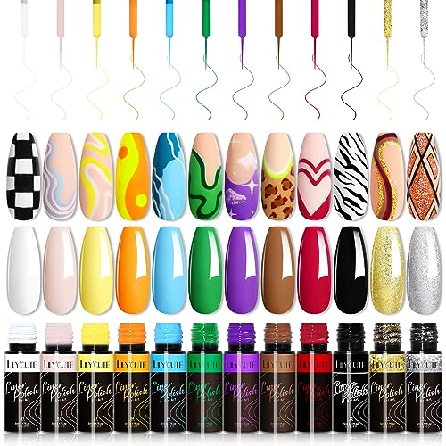 LILY'CUTE 12 Gel Liner Nail Art, Farben Gel Liner Nail Herbst Winter, UV Nagellack Liner Dunkelheit & Glitter Nail Gel Polish Set for Drawing Lines, Nagel Kunst Farbgel Nagelgel