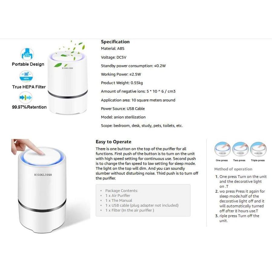 RIGOGLIOSO Luftreiniger Luftreiniger für Haus HEPA-Filter 5V USB-Kabel Low Noise Luftreiniger mit Nachtlicht Desktop GL2103 - wirbe-welt.shop